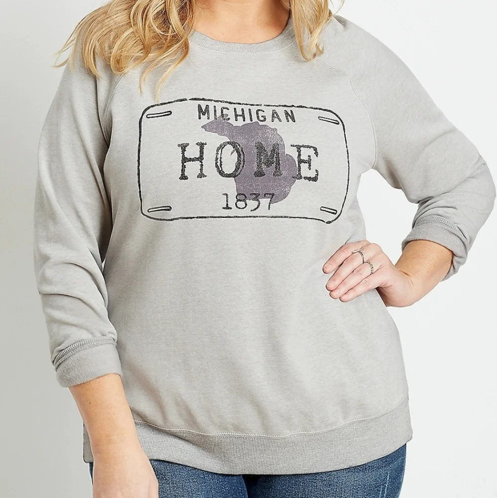 RUMMAGED Gray Michigan Crew Neck Sweatshirt - Picture 1 of 6